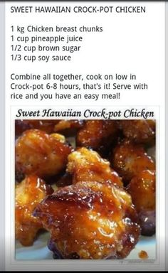 the recipe for sweet hawaiian crock pot chicken is shown in this screenshot photo