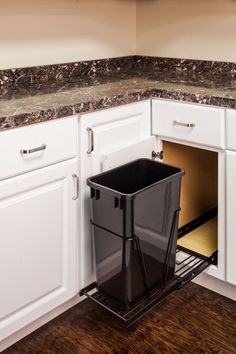 a black trash can sitting in the corner of a kitchen cabinet with its door open