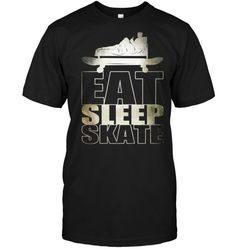 a black t - shirt with the words eat sleep skate in gold foil on it