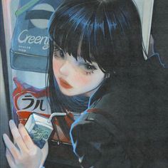 a drawing of a girl holding a cell phone