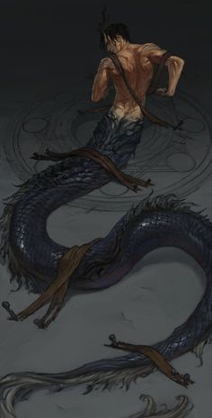 a drawing of a man standing next to a dragon in the water with his hands on his hips