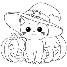 a cat wearing a witches hat sitting next to a pumpkin