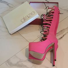 Brand New With Box, Hot Pink Glaze/Platform Boots. Never Worn/ Excellent Condition/ Size 9/ Beautiful/ Just Can't Wear Them/ Too High For Me/ At My Age Lol......They Are Very Rare To Find/ And I Know That Someone Out There/ Can Rock These! Pink Lace-up Leather Heels, Pink Platform Boots, Dancer Outfits, Mirror Bedroom, Gladiator Boots, Pink Platform, Open Toe Boots, February Nails, Fashion Moodboard