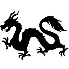 a black and white silhouette of a dragon with its tail spread out, on a white background