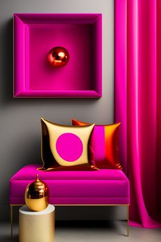 a pink couch sitting next to a purple and gold pillow on top of a table