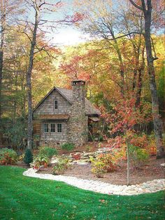 a house in the woods surrounded by trees and grass with fall colors on it's leaves