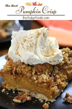 a slice of pumpkin crisp pie with whipped cream on top