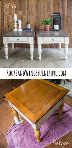 before and after photos of an old coffee table