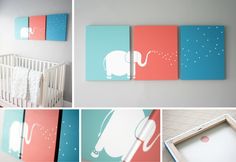 four different pictures of an elephant and baby's crib with blue, pink, orange, and white colors