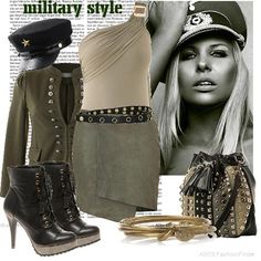 4. Nowaday Military is not only wore to fight in the war but also a really popular, especially for women. The impressive points are: many buttons, army green speciality, rivet , army hats, miniskirt… and so many things else. Girls in Military Clothing look dynamic but also sexy and feminine. Spring Military Style Collared Tops, Spring Military Style Fitted Tops, Army Outfits For Women Military Style, Military Girl Aesthetic Outfit, Military Style Outfits, Army Clothes, Military Chic