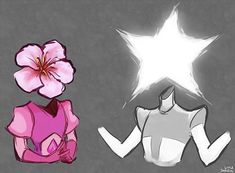 a pink flower sitting on top of a white star next to a drawing of a woman's dress