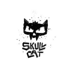 a black and white drawing of a cat's face with the words skull cat on it