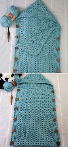 there is a crocheted blanket that has buttons on the front and back of it