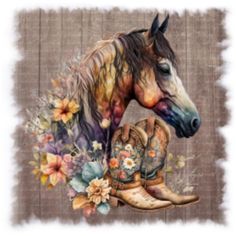 a painting of a horse with boots and flowers