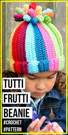 crochet Tutti Frutti Beanie pattern - easy crochet beanie pattern for beginners Crochet Curly Cue Hat Free Pattern, Free Crochet Hat Patterns For Kids, Crochet Gift Bags, Easy Crochet Beanie Pattern, Easy Crochet Beanie, Crochet Christmas Hats, Beanie Crochet Pattern