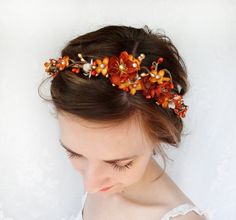 bridal hair piece Fall Bridal Hair, Fall Wedding Hair Pieces, Orange Flower Crown, Hair Circlet, Orange Bridesmaid, Hair Garland