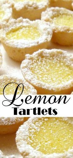 lemon tartles with powdered sugar on top and the words lemon tartles above them