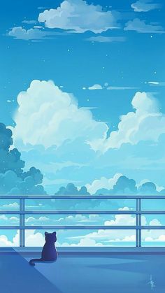 a cat sitting on the edge of a balcony looking out at clouds and stars in the sky