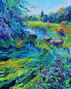 an oil painting of cows grazing in the grass near a stream and trees on a sunny day