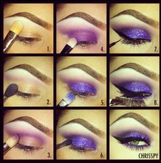 Make Up Purple, Glitter Makeup Tutorial, Purple Smokey Eye, Purple Eye Makeup, Picture Tutorial, Glitter Eye Makeup, Eye Makeup Pictures, Purple Makeup, Purple Sparkle