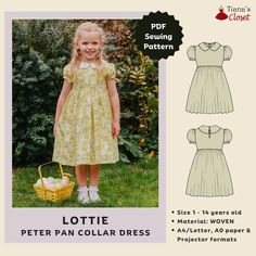 Exclusive patterns from the author of Tiana's Closet Sewing Patterns. Visit my blog for more ideas, sewing tips and free patterns: https://tianascloset.com/ The Lottie dress with Peter Pan collar and short puffed sleeves is a great design for occasions! Make it in beautiful print and your little girl is ready to be the center of the party! Main features of the Lottie dress: - Below the knee length - Relaxed fit with button closure at back (no zipper involved!) - Peter Pan collar - Short puffed s Toddler Peter Pan Collar Dress Pattern, Girl Dress Sewing Pattern, Puff Sleeve Dress Pattern, Fancy Dress Patterns, Lottie Dress, Toddler Dress Patterns, Natural Fiber Clothing, Baby Dress Pattern, Girls Dresses Sewing