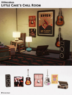 the little cake's chill room is filled with guitars and other items for sale