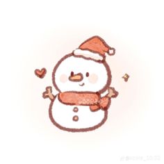 a drawing of a snowman wearing a santa hat and scarf with hearts flying around