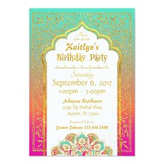 a colorful birthday party card with an ornate design