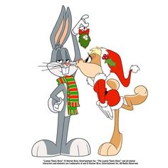 two cartoon rabbits dressed as santa claus and the rabbit is wearing an elf's hat