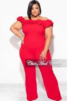 Final Sale Plus Size Off the Shoulder Ruffle Trim Jumpsuit in Red – Chic And Curvy Pantsuit Outfit, Formal Pantsuit, Mesh Panel Dress, Stretch Jumpsuit, Chic And Curvy, Wrap Jumpsuit, Ruffle Jumpsuit, One Shoulder Jumpsuit, Jumpsuit Outfit