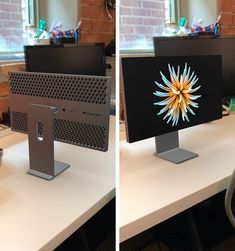 two pictures of the same desk top with one computer on it's side and another in front