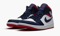 The Air Jordan 1 Mid “USA” is a special colorway of Michael Jordan’s first signature shoe in mid-top form dedicated to Independence Day.  The festive design features a color scheme of red, white, and blue for a decidedly patriotic look.  Smooth white leather appears on the perforated toe, mid-panel, and heel.  Contrasting navy blue nubuck overlays can be found on the forefoot, toe cap, eyelets, and collar.  The hue reappears on the Swoosh detailing on the mid-panel.  A white “Wings” logo dots th Navy Leather High-top Sneakers For Sports, Navy Leather High-top Sneakers With Boost Midsole, Navy Leather High-top Basketball Shoes, Navy Leather High-top Sneakers, Navy Leather Basketball Shoes With Round Toe, Navy Leather Basketball Shoes With Cushioned Footbed, Leather High-top Sneakers For Sports With Branded Heel Counter, 70s Converse, Nike X Travis Scott