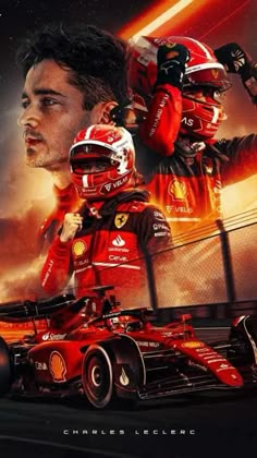 a man standing next to a red race car on top of a poster with another man in the background