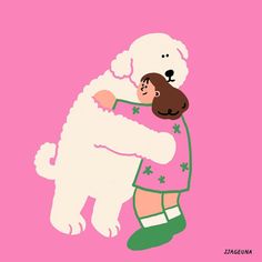 a person hugging a large white dog on a pink background