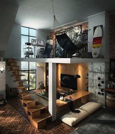 a living room filled with furniture next to a staircase