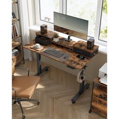 a computer desk with a monitor and keyboard on it