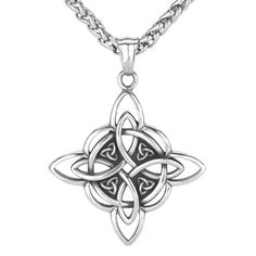 an intricate silver pendant on a chain with a celtic knot in the center and two intertwined