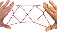 two hands holding red string together to form a diamond shape on white background with space for text