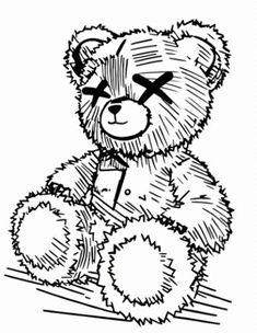 a black and white drawing of a teddy bear with an x on it's face