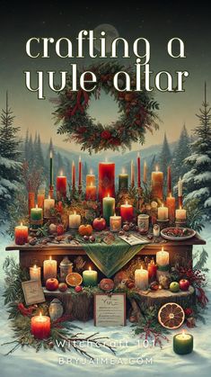 a poster with candles and wreaths in the snow, surrounded by christmas decorations on it