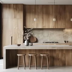 a kitchen with wooden cabinets and stools next to a counter top that has flowers on it