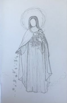 a drawing of the virgin mary holding a teddy bear