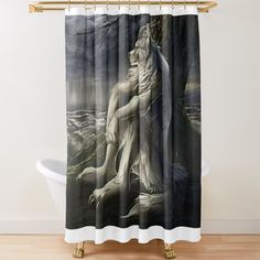 a shower curtain with an image of a naked woman sitting on the ground next to a tree