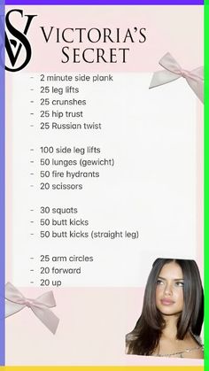 the victoria's secret workout plan is shown in purple and green with an image of a