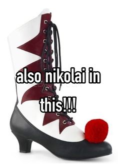 a pair of white and red boots with the words also nikoai in this