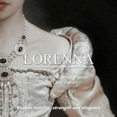 a woman in a white dress with an ornate necklace on her neck and the words lorenna above it