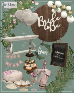 a collage of wedding items including cake, champagne and balloons with the words bride to be written on it