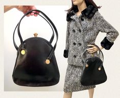 Late 1940s-Early 1950s (Another Rare Piece from the Mob Wife's Closet)- Super hard to find and rarely seen, Black Calfskin Double-Top Handle "New Look" handbag by desirable "Coblentz". This bag is unlike any I've ever seen in over 35 years of hunting vintage, the polished gold disc handle mounts are actually asymmetrically set on the sides, incredibly unique. Both sides are identical with exception to a small tab at the front beneath the frame at the front of the bag. Very Likely Deadstock, mayb The Mob, Top Handle Bags, Gold Disc, Black Polish, Change Purse, Cherry Red, Purses And Handbags, Top Handle, Calf Skin