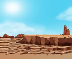 a cartoon desert scene with rocks and grass