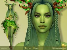 an image of a woman with green hair and flowers on her head, in front of a tree